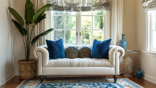 A white couch with blue pillows in a room next to the window