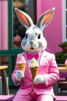 Glamorous bunny in a pink suit with ice cream. Summer card with bunny