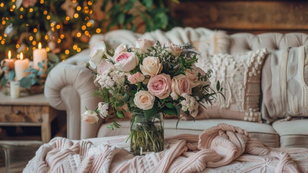 A vase of a bouquet of flowers on top of the couch