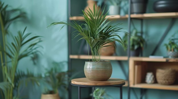 A potted plant on a small table in front of shelves