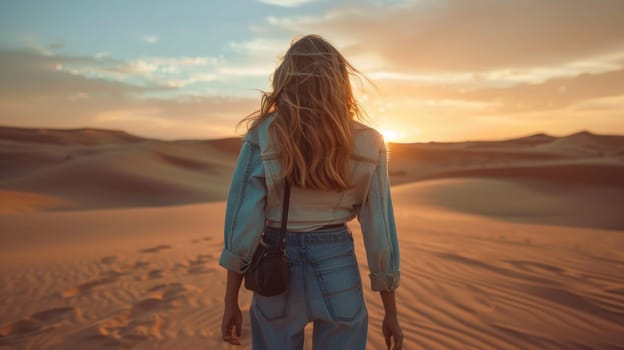 A woman standing in the desert with her back to camera