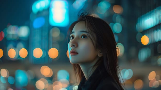 A woman looking up at the sky with city lights in background