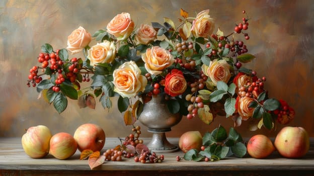 A vase of roses and apples on a table with leaves