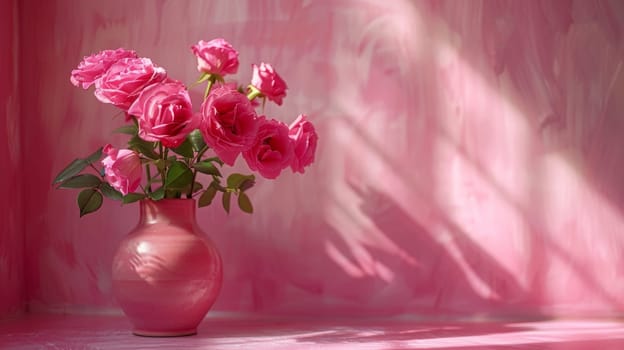 A vase of pink roses in a light colored room