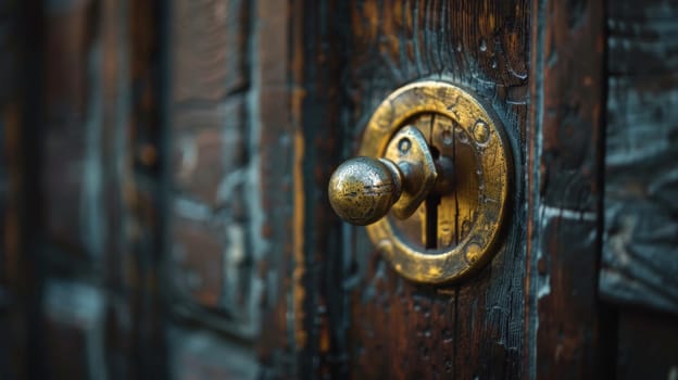 A close up of a door knob on an old wooden wall