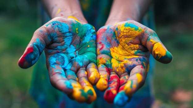 A person with their hands painted in bright colors