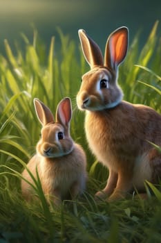 Rabbits. Mother rabbit and baby rabbit on a green meadow. Spring flowers and green grass
