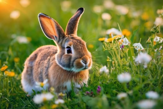 Rabbit on the lawn with flowers at sunset.