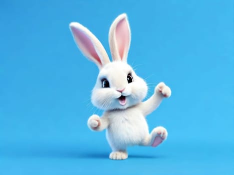 White rabbit jumps and dances on a blue background. Cute bunny. Happy Easter day, cartoon character design