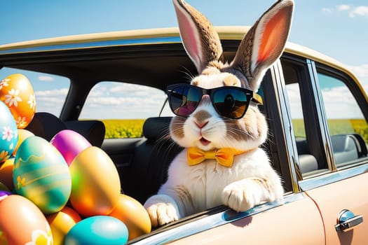 Cool bunny on a car with decorated eggs - Easter card.