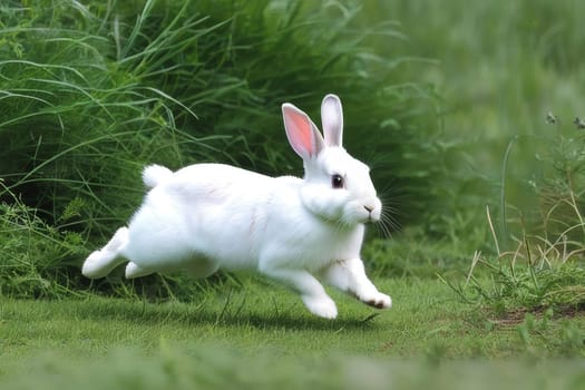 A white hare runs across a field with green grass.