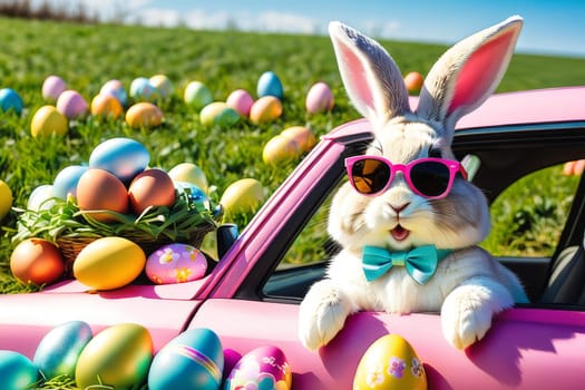 Cool bunny on a car with decorated eggs - Easter card.