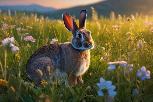 Rabbit on the lawn with flowers at sunset.