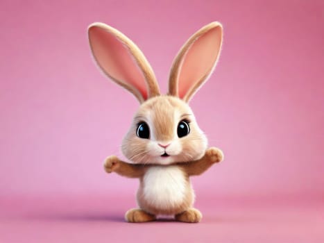 White rabbit jumps and dances on a pink background. Cute bunny. Happy Easter day, cartoon character design