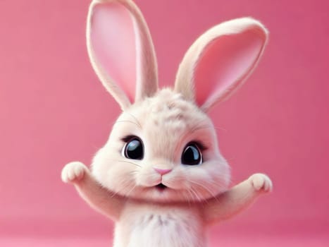White rabbit jumps and dances on a pink background. Cute bunny. Happy Easter day, cartoon character design