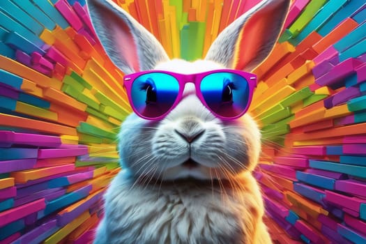 Close-up of a fashionable gray rabbit wearing glasses on a neon color background