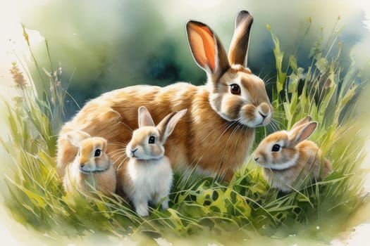 Rabbits. A family of rabbits on a green meadow. Spring flowers and green grass.
