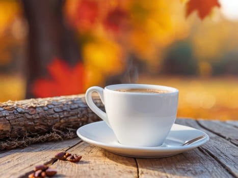 Autumn leaves and a hot steaming cup of coffee. A wooden table and a cup of coffee by the window against the backdrop of an autumn forest. Autumn season, free time, coffee break, September, October, November concept