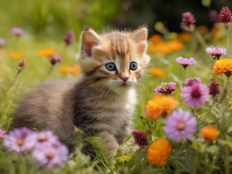 Little kitten resting in a meadow with flowers.