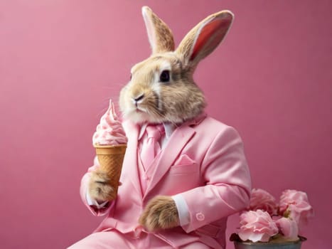 Glamorous bunny in a pink suit with ice cream. Summer card with bunny