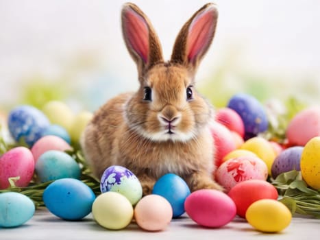 Little rabbit in a green spring lawn with decorated eggs - Easter card.