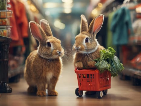 A family of rabbits in a store with carts makes purchases