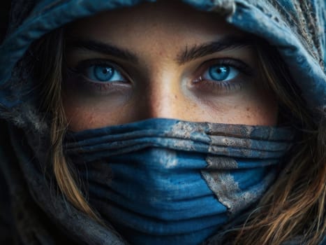 Portrait of a girl with blue eyes in a burqa with her face covered.