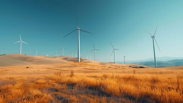 A wind farm with a row of windmills on a hill in the grassland, surrounded by a natural landscape under the vast sky, generating electricity from the wind