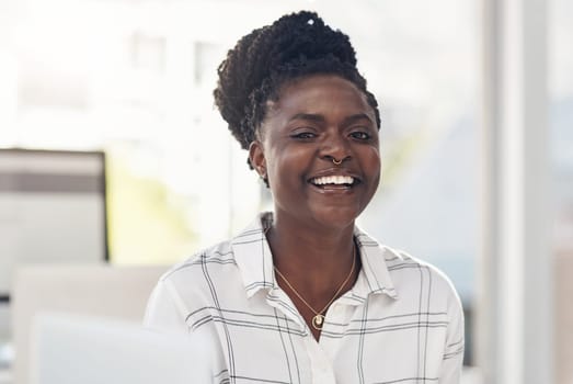 Portrait, smile and creative african woman worker in office happy with New York affirmative action. Professional, startup business and company receptionist for workplace laugh and job internship.