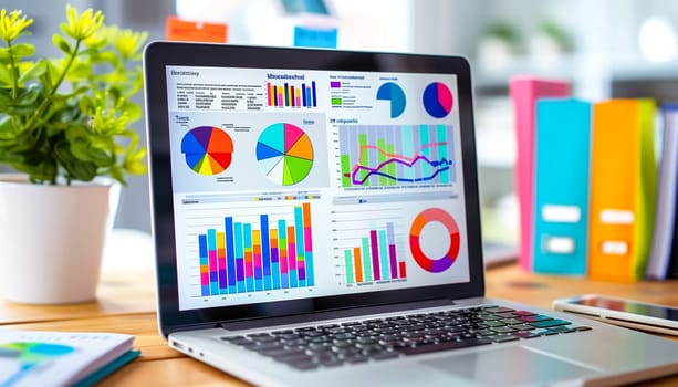 Close up view of laptop screen with financial diagram project statistics, colorful company graphs computer gadget monitor, person look at device analyze corporate finances online, economics concept