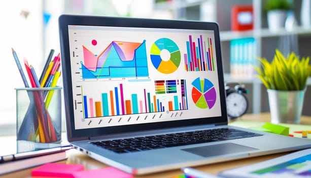 Close up view of laptop screen with financial diagram project statistics, colorful company graphs computer gadget monitor, person look at device analyze corporate finances online, economics concept