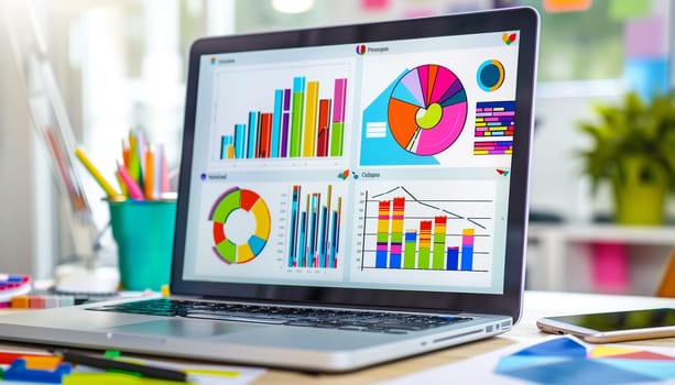 Close up view of laptop screen with financial diagram project statistics, colorful company graphs computer gadget monitor, person look at device analyze corporate finances online, economics concept