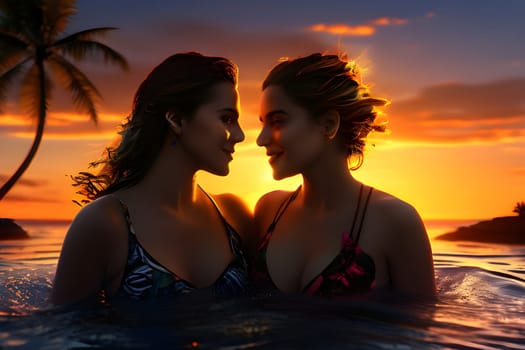 two lesbian women standing in the ocean at sunset.