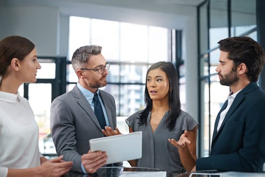 Team, question and people with tablet in office for review of proposal and confused employee. Business, communication and collaboration in London company with problem solving discussion and strategy.