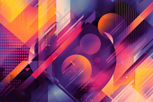 A vibrant abstract background featuring geometric shapes in shades of purple, amber, orange, and pink. The design is reminiscent of automotive lighting with bold lines and hints of violet and magenta