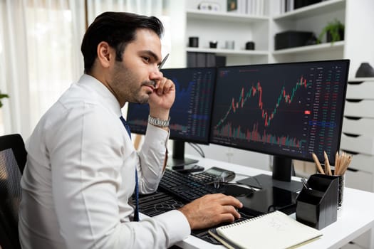 Smart trader businessman analyzing in two dynamic stock exchange investment screen on pc with investing highest profitable financial technology in searching market at modern home office. Surmise.