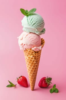 Three scoops of ice cream topped with fresh strawberries on a vibrant pink background.