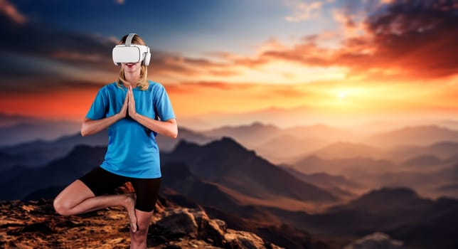 Caucasian girl practicing yoga while wearing shirt with sunset mountain. Happy smart woman making yoga posing while standing at cliff and using VR goggles to experience calm feeling. Contraption.