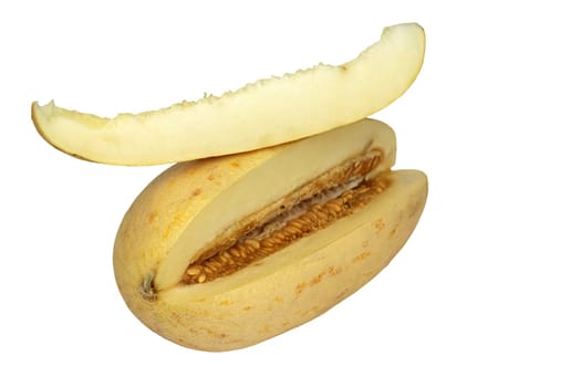 Yellow juicy melon cut on a white background