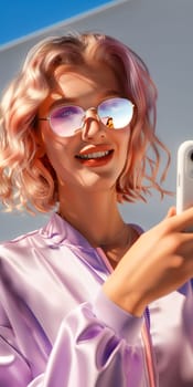 Smiling woman wearing a light purple sunscreen suit, holding a mobile phone