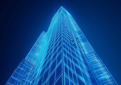 Line-based visualization: glowing skyscraper on translucent background.