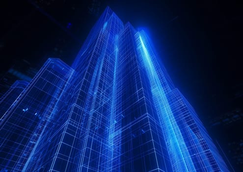 Line-based visualization: glowing skyscraper on translucent background.