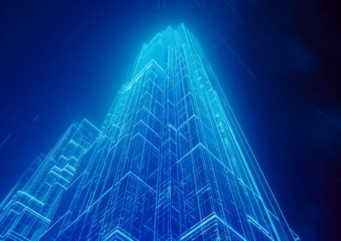 Line-based visualization: glowing skyscraper on translucent background.