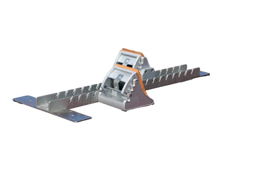 Starting blocks are a device used in the sport of track and field by sprint athletes isolated on white background.
