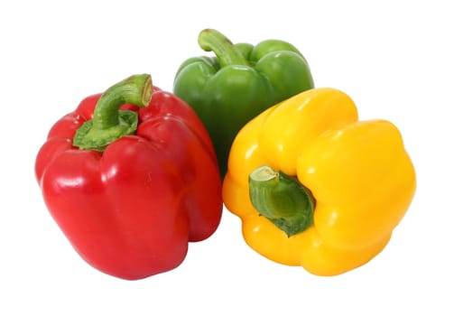 Yellow and red bell peppers on a white background, essential food ingredients.