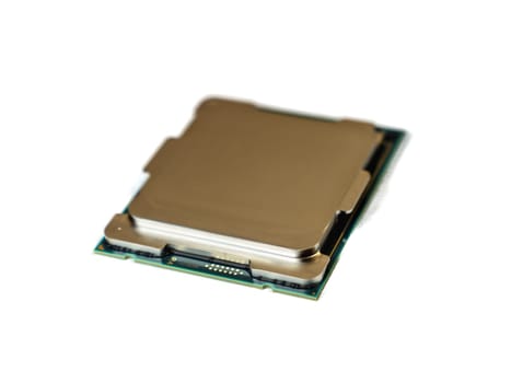 Green CPU processor chip isolated on white background.