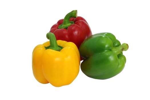 Yellow and red bell peppers on a white background, essential food ingredients.