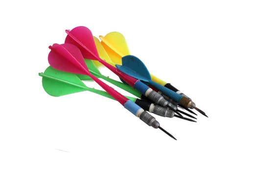 Colorful darts stuck with plastic feathers isolated on white background.