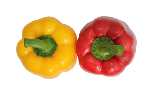 Yellow and red bell peppers on a white background, essential food ingredients.