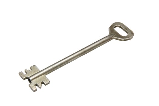 Closeup of a key, a tool made of nickel or steel, on a white background.